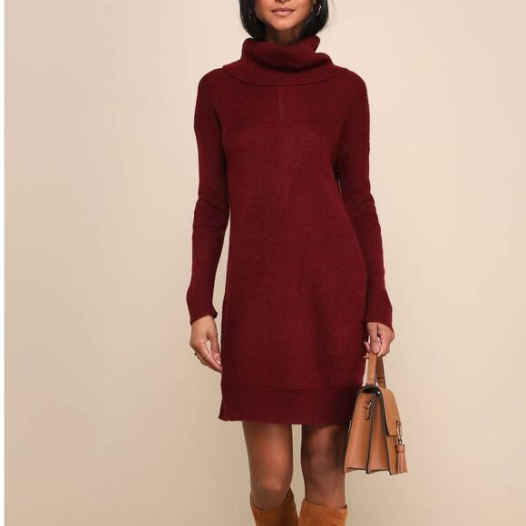 LULU'S L Burgundy Turtle Neck Tea Reader Long Sleeves Sweater Dress NEW B141 - Picture 1 of 9